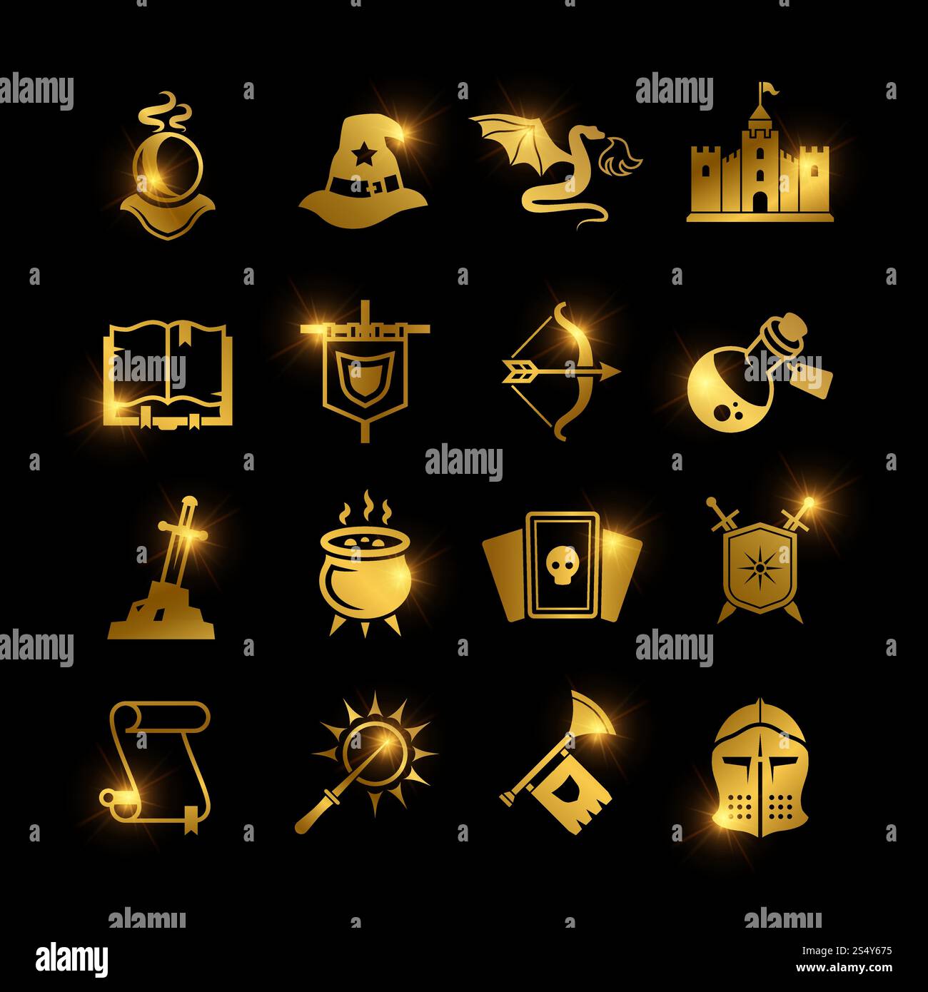 Golden fantasy medieval tale vector icons. Mystery magic and knight ...