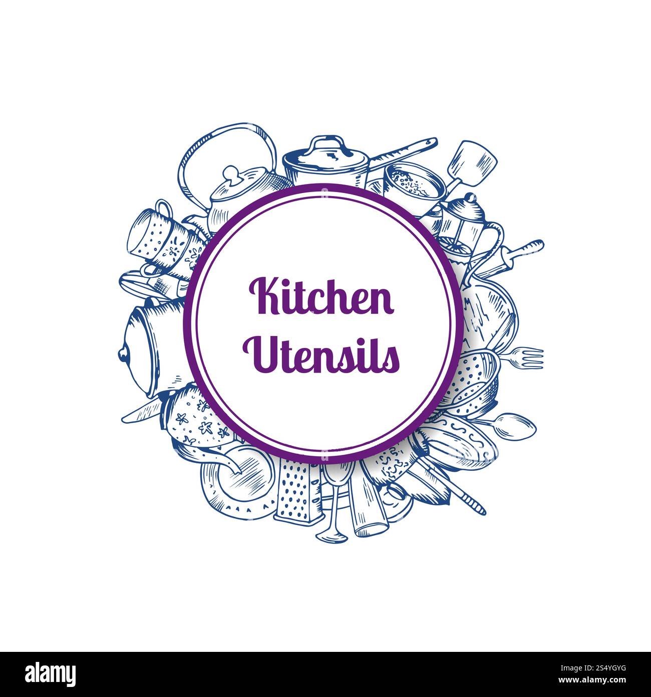 Vector pile of hand drawn kitchen utensils under circle with shadow and ...