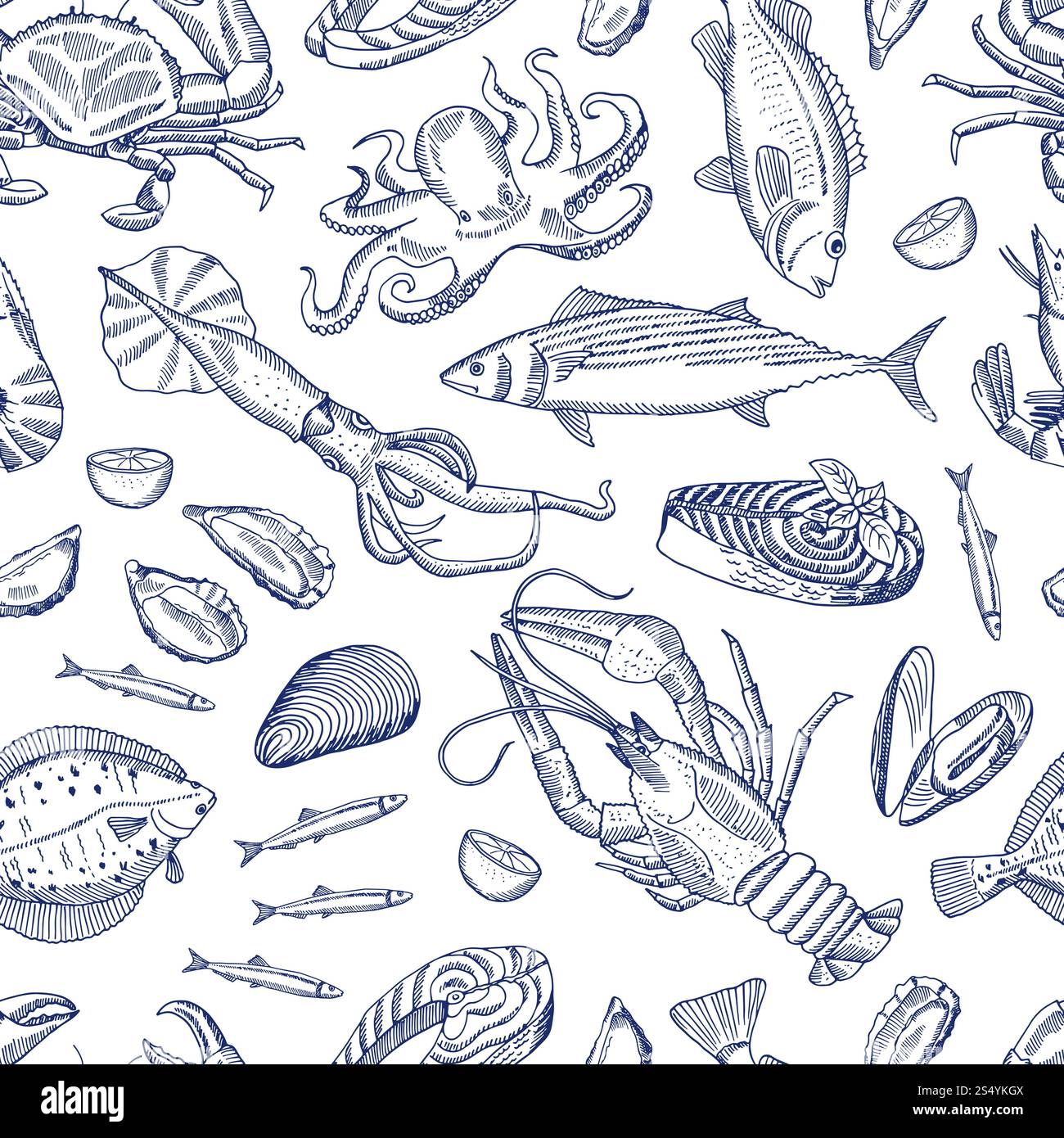 Vector sketch hand drawn contoured seafood elements pattern or ...