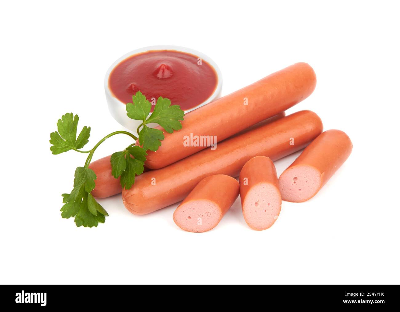 Fresh sausages with parsley leaves isolated on white background Stock Photo