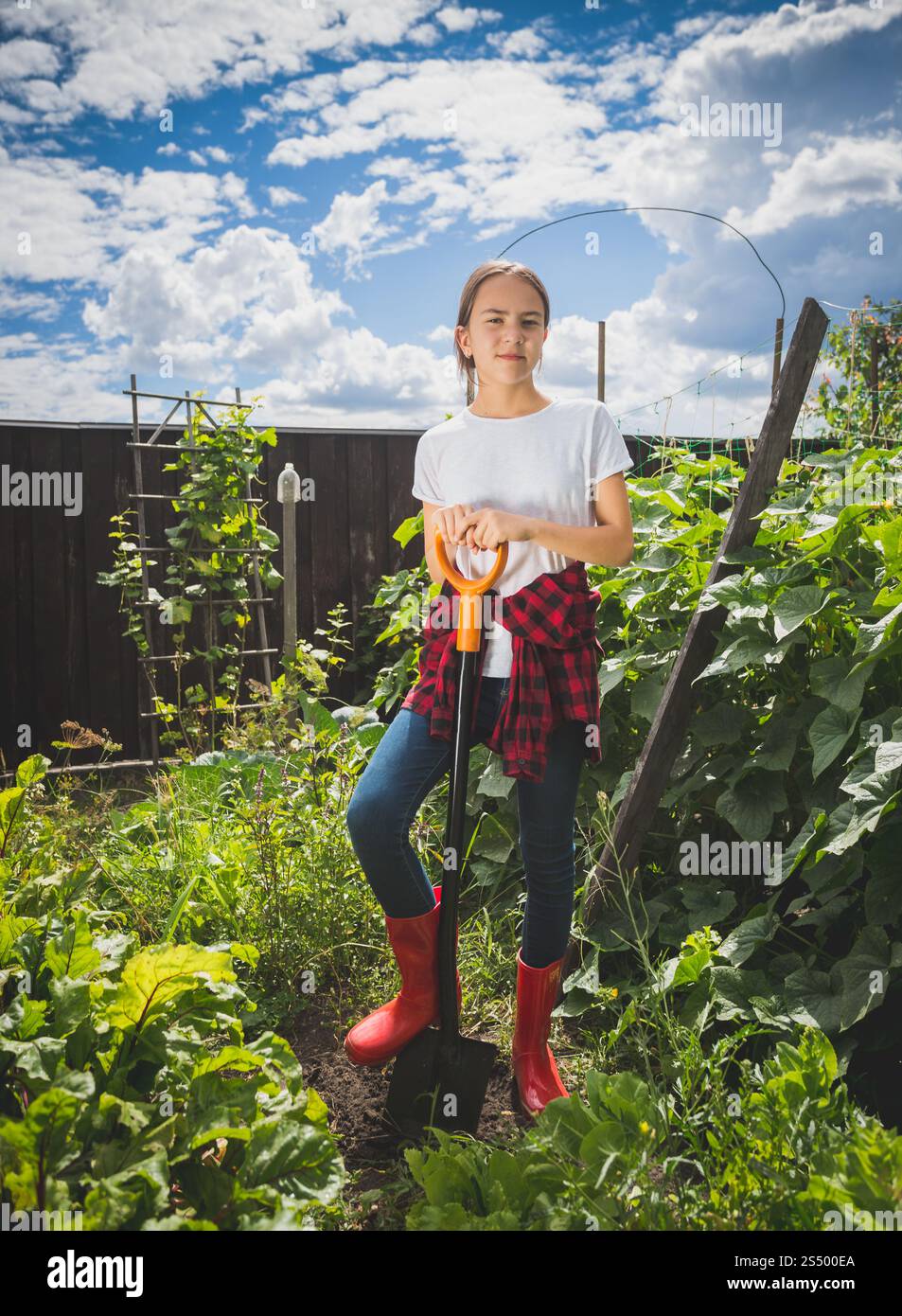 Young woman in rubber boots working at backyard garden Stock Photo