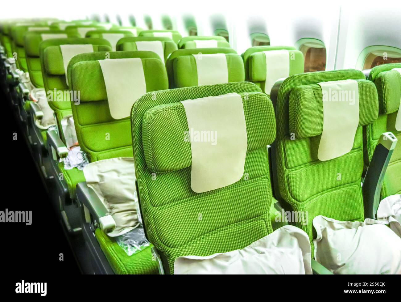 Green Airplane seats in cabin. Interior view. Airplane seats in cabin Stock Photo