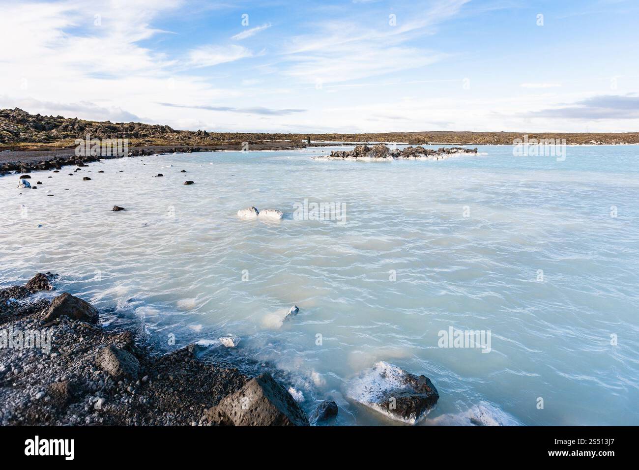 travel to Iceland - Blue Lagoon Geothermal lake in Grindavik lava field outside spa resort in september evening Stock Photo