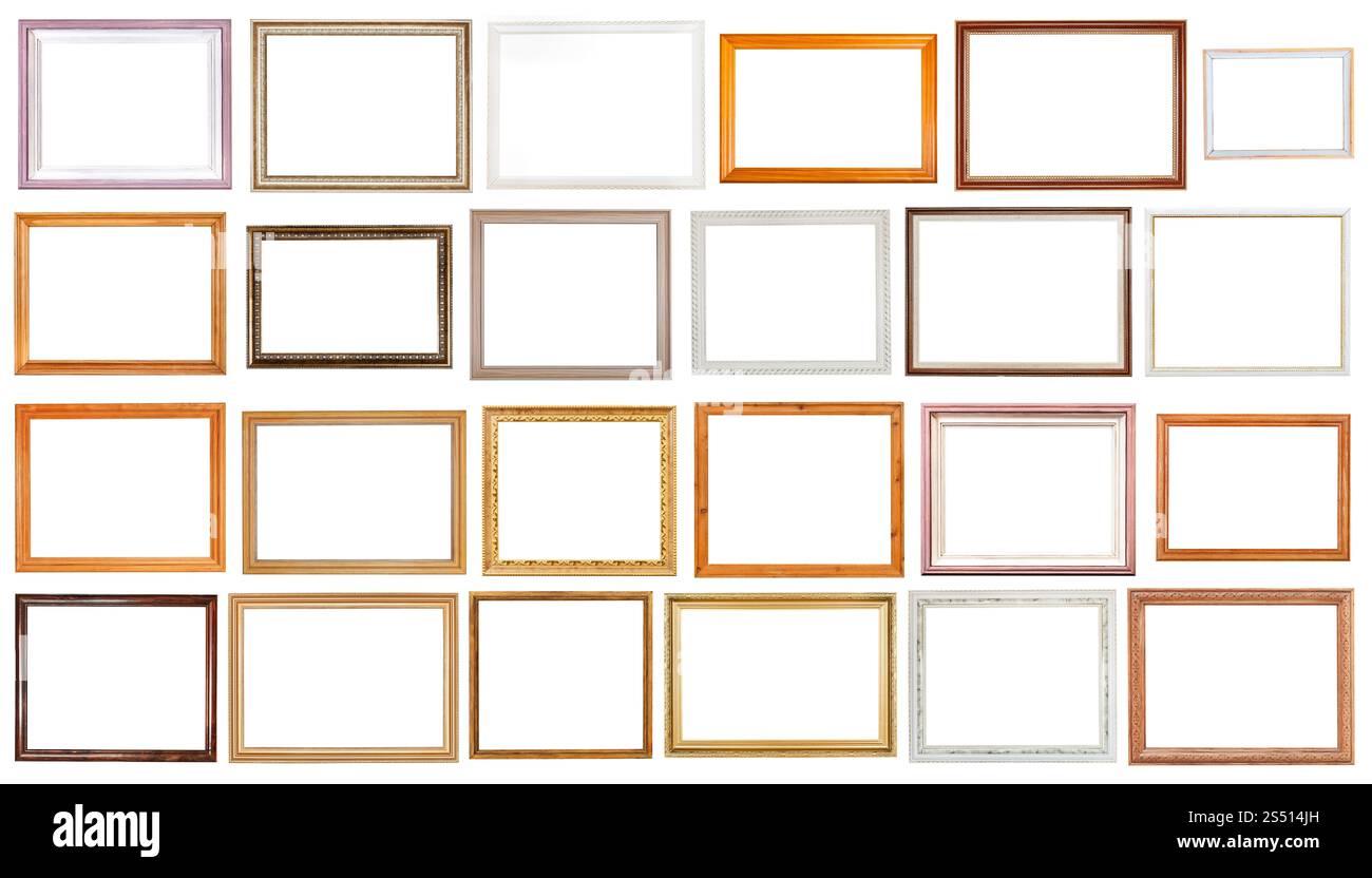 set of various wooden picture frames with cut out canvas isolated on ...
