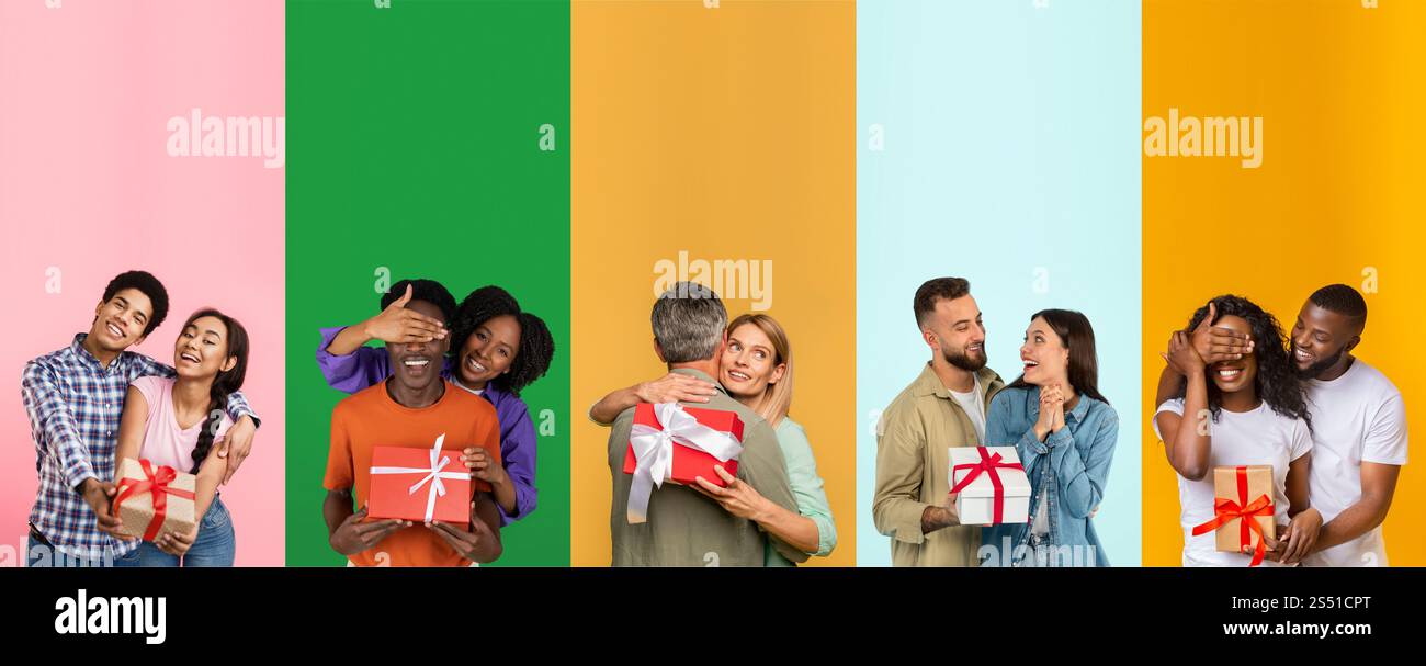 Diverse couples celebrating love with gifts during Valentine's Day ...