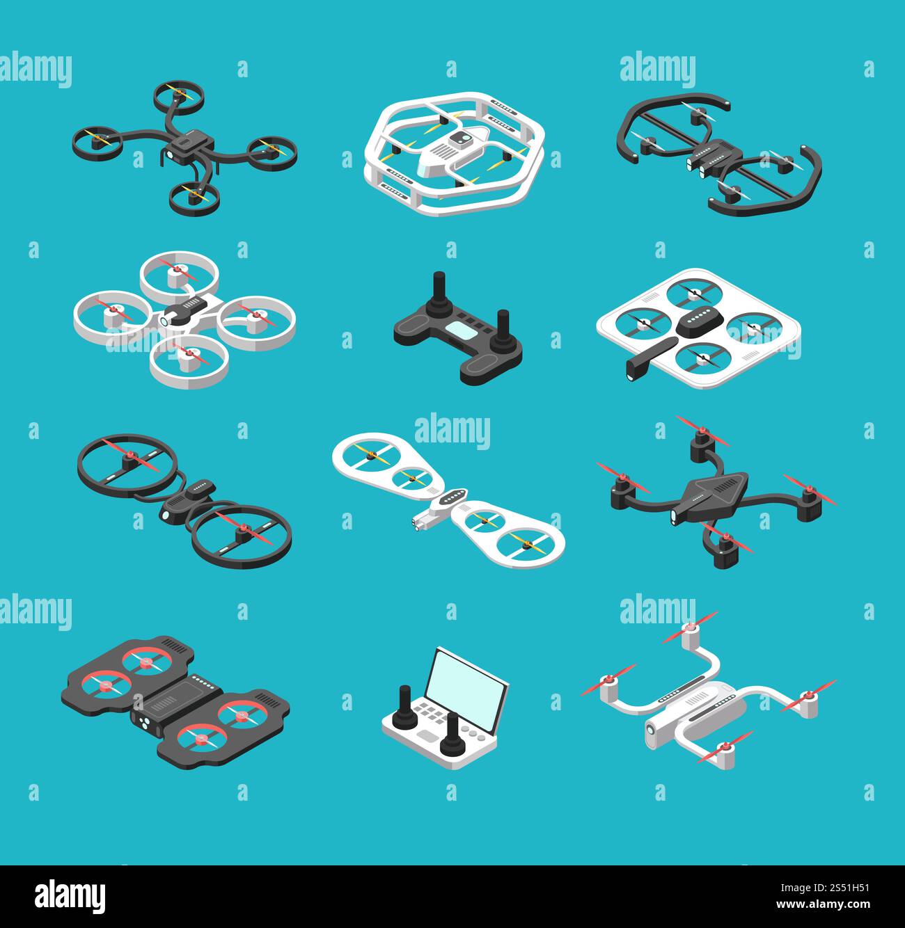 Different isometric 3d drones. Aerial delivery and photo robots vector ...