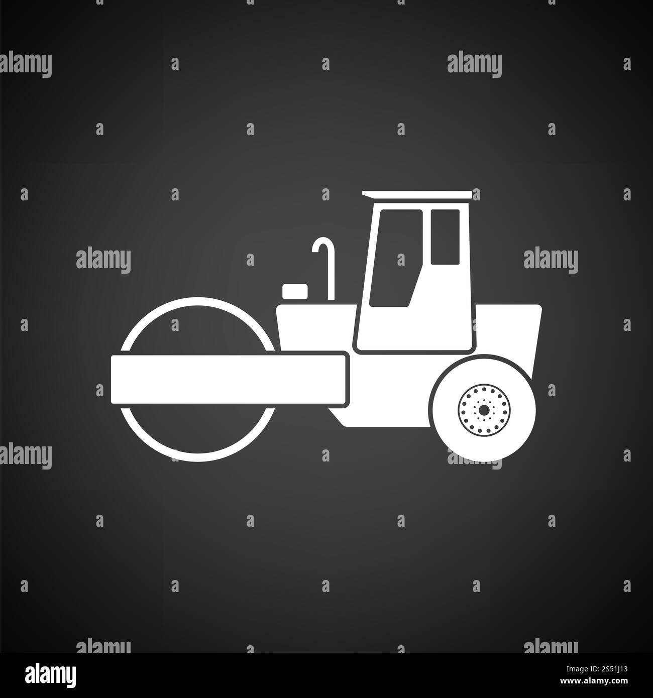 Icon of road roller. Black background with white. Vector illustration. Stock Photo