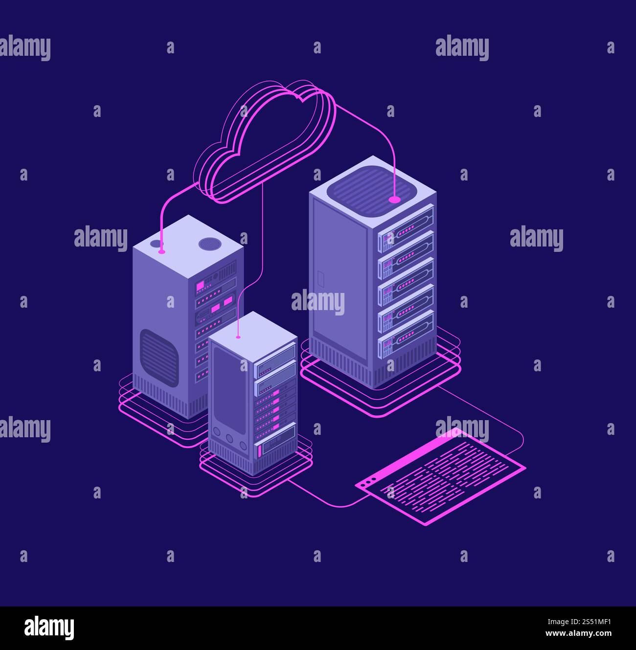 Network hosting solutions, datacenter with services, website administrative support vector isometric concept. Illustration of computer database system cloud. Network hosting solutions, datacenter with services, website administrative support vector isometric concept Stock Vector