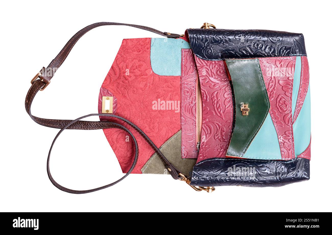 open patchwork embossed leather handbag isolated on white background Stock Photo