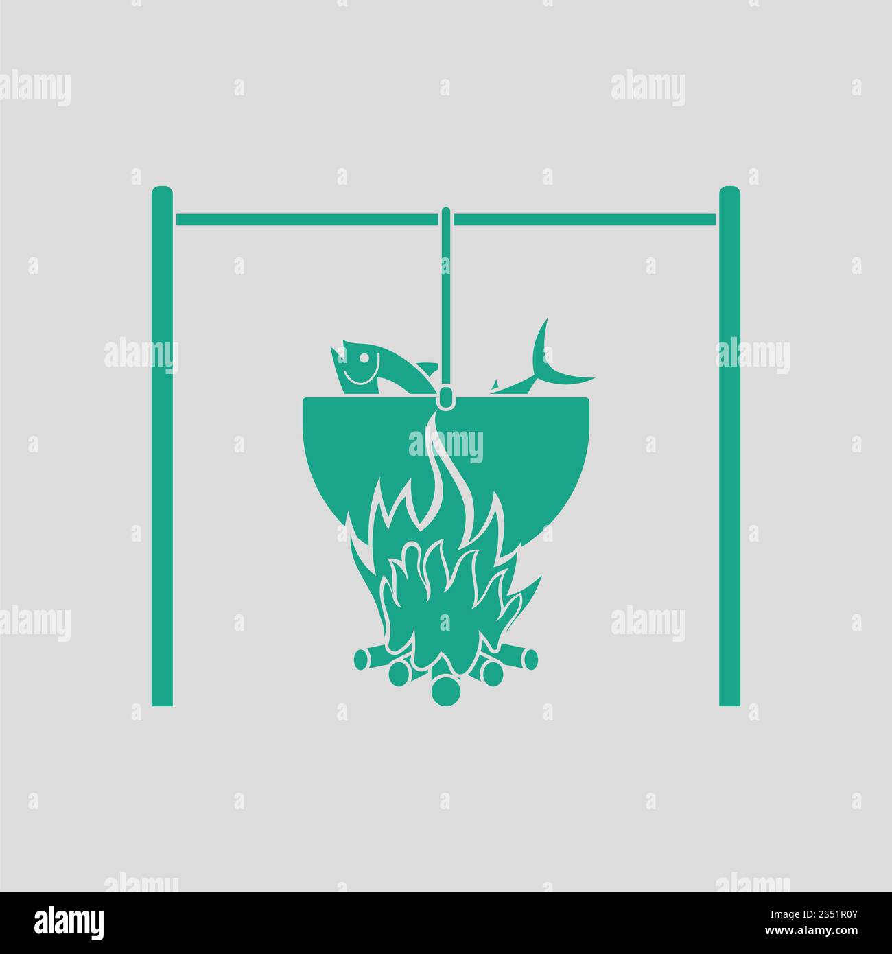 Icon of fire and fishing pot. Gray background with green. Vector ...
