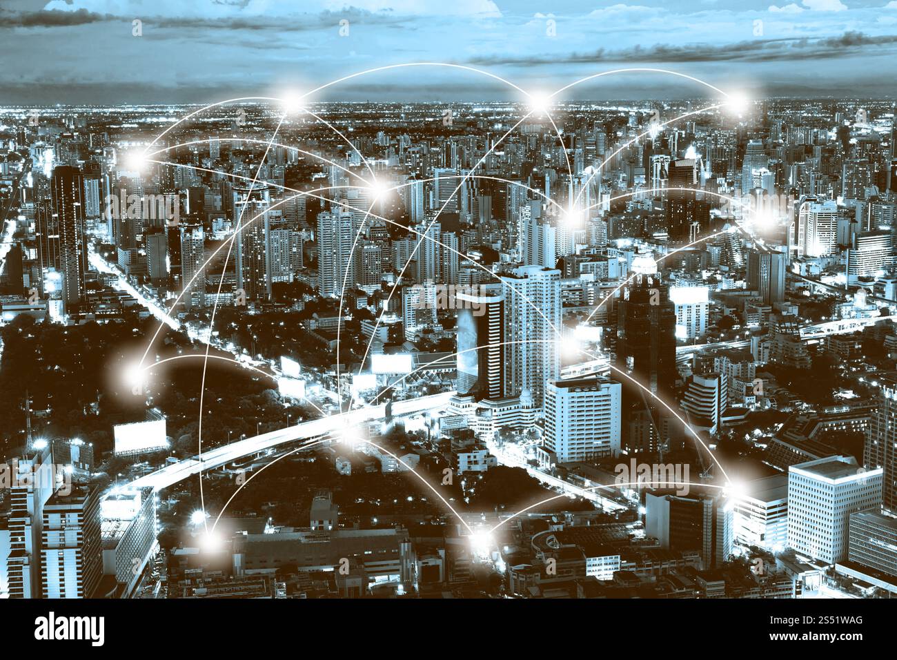Night city scape and network connection concept Stock Photo