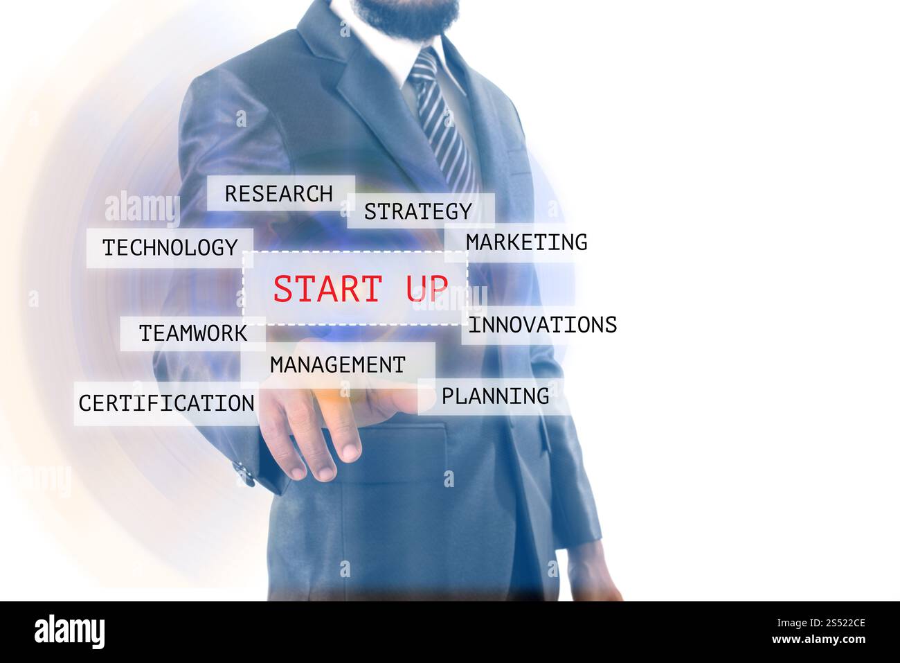 Businessman start his startup button business interface. Male in. Businessman start his startup button business interface. Male investor accelerate Stock Photo