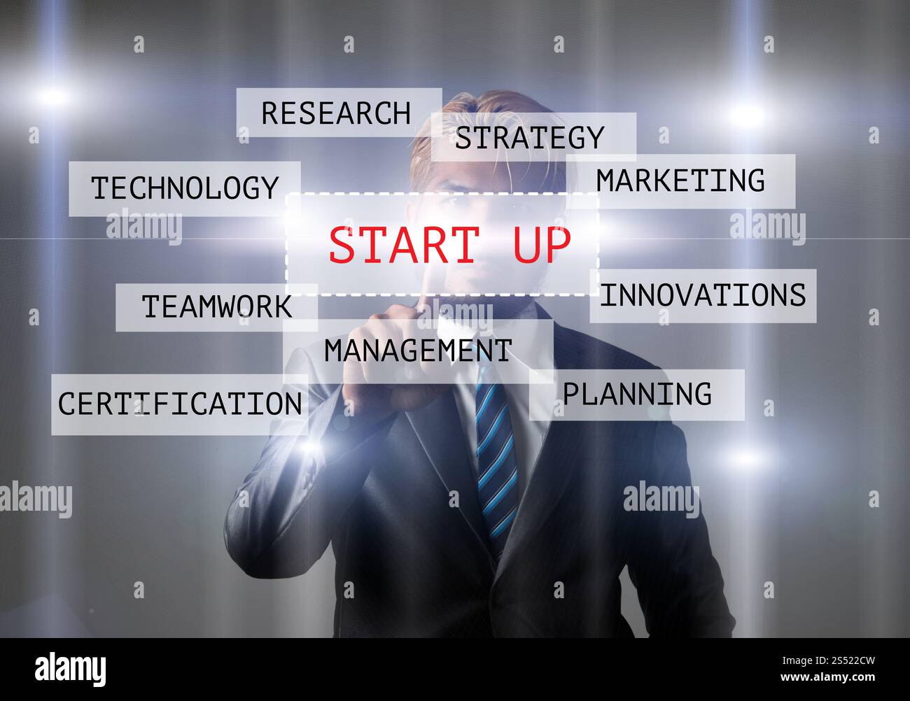 Businessman start his startup button business interface. Male in. Businessman start his startup button business interface. Male investor accelerate Stock Photo