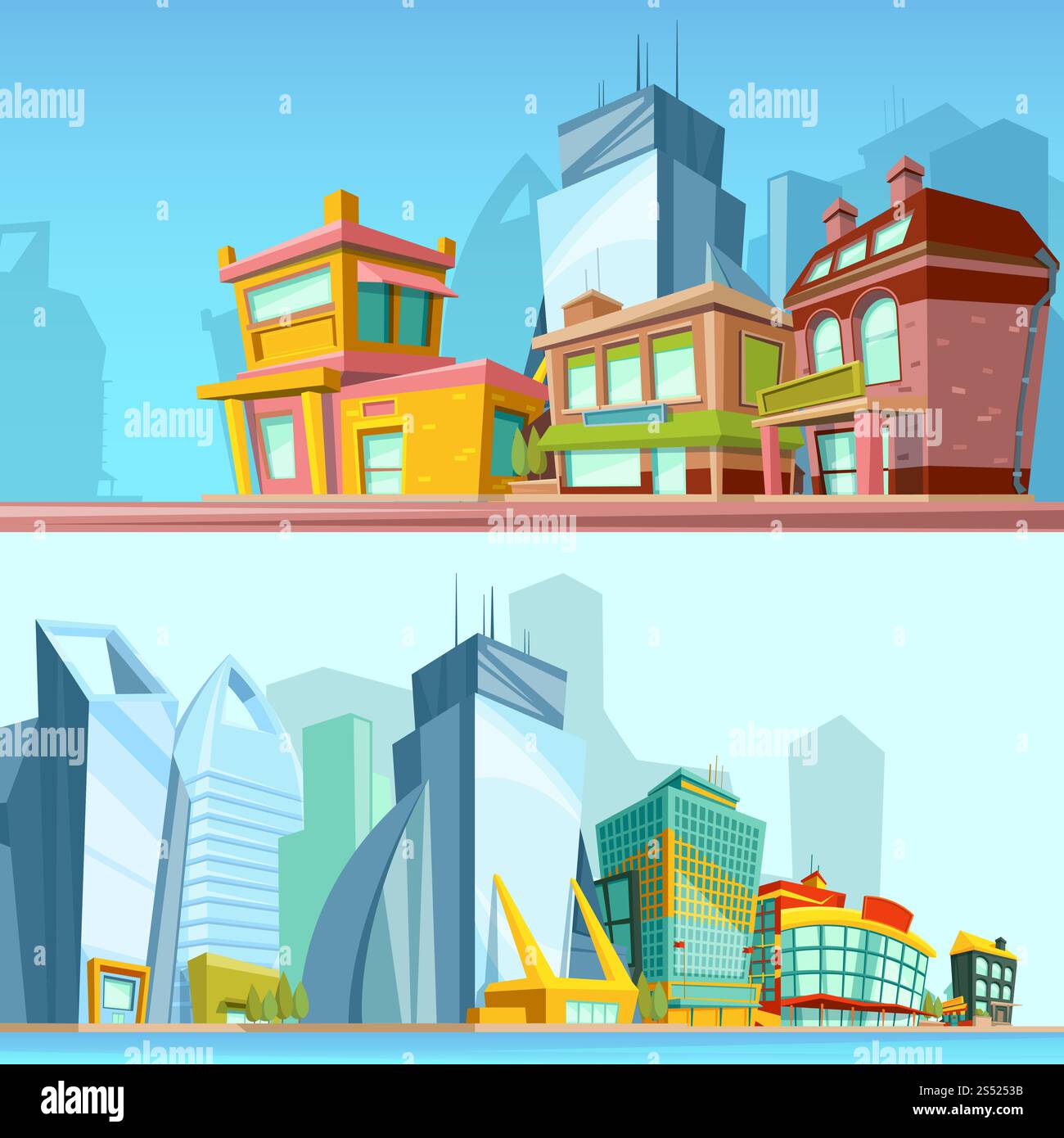 Horizontal banners with urban streets and modern buildings ...