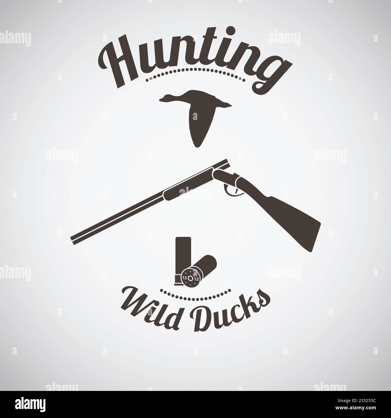 Hunting Vintage Emblem. Opened Hunting Gun With Ammo and Flying Duck