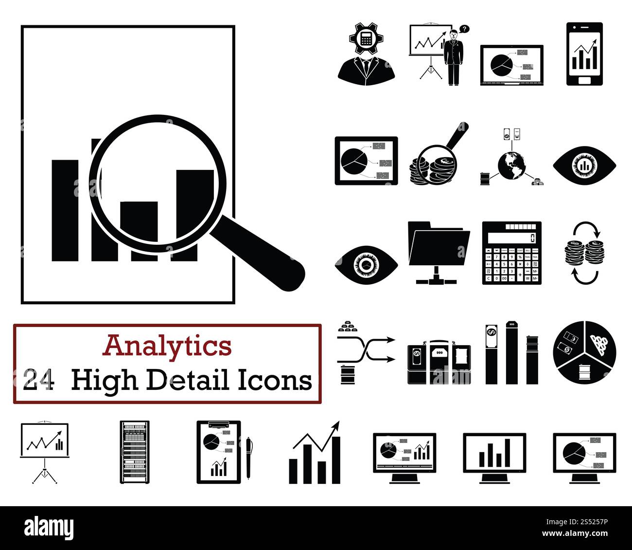 Set of 24 Analytics Icons. Monochrome color design. Vector illustration ...