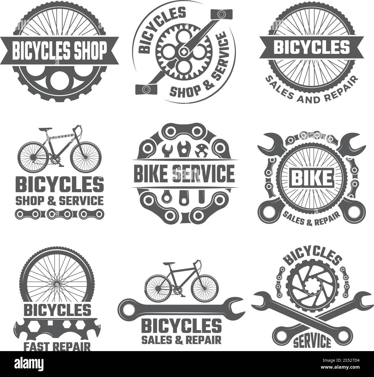 Labels and sport logos set with parts of bicycle. Vector sport bicycle, logo and badge repair bike illustration. Labels and sport logos set with parts of bicycle Stock Vector