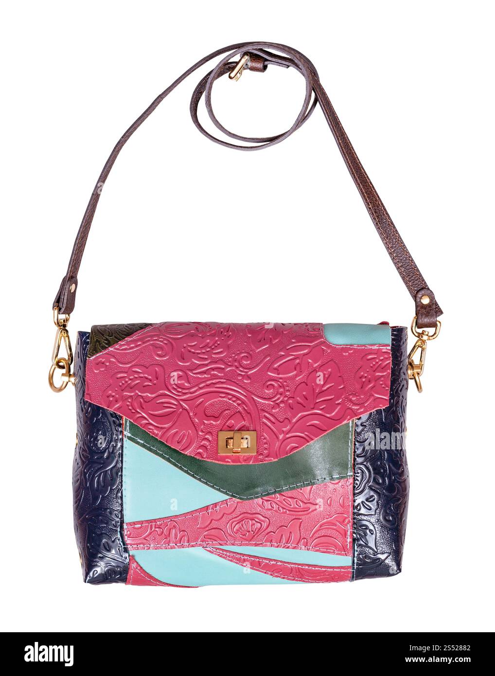patchwork embossed leather handbag isolated on white background Stock Photo