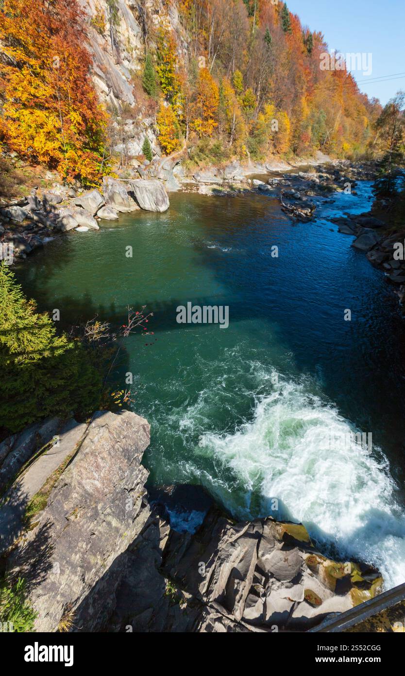 Prut River autumn landscape (Yaremche, Ivano-Frankivsk Oblast, Ukraine). View from bridge. Stock Photo