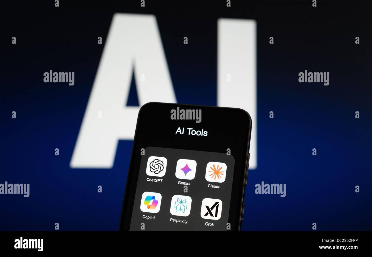 Smartphone with AI Tools like ChatGPT, Gemini, Claude, Copilot, Grok and Perplexity Stock Photo