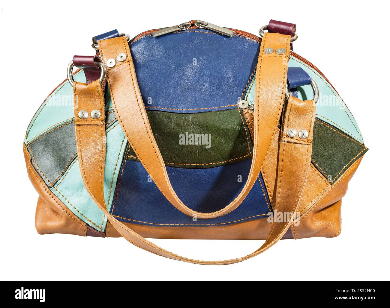 closed handmade patchwork leather multicolored handbag isolated on white background Stock Photo