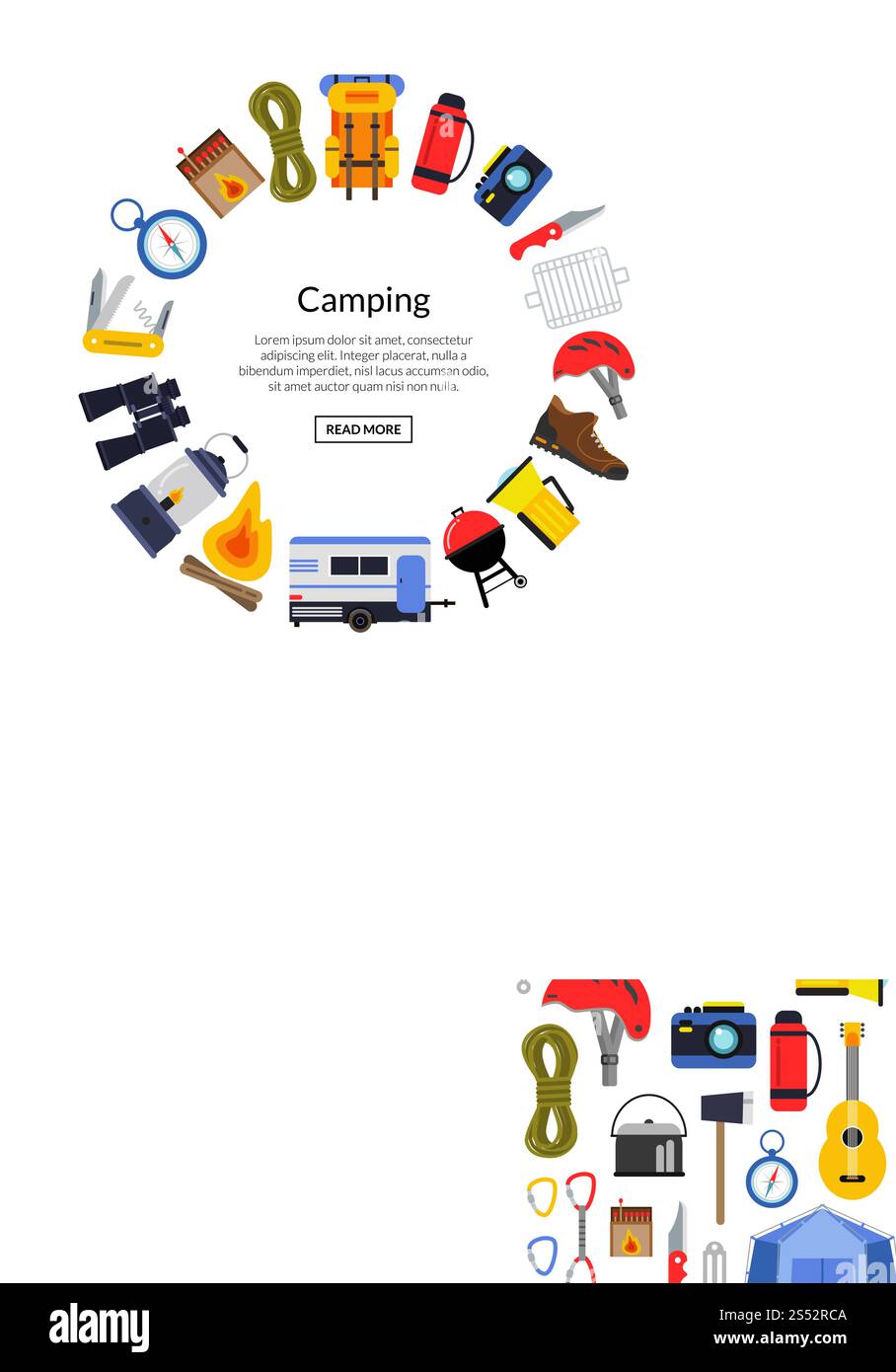 Vector flat style camping elements in circle form with place for text ...