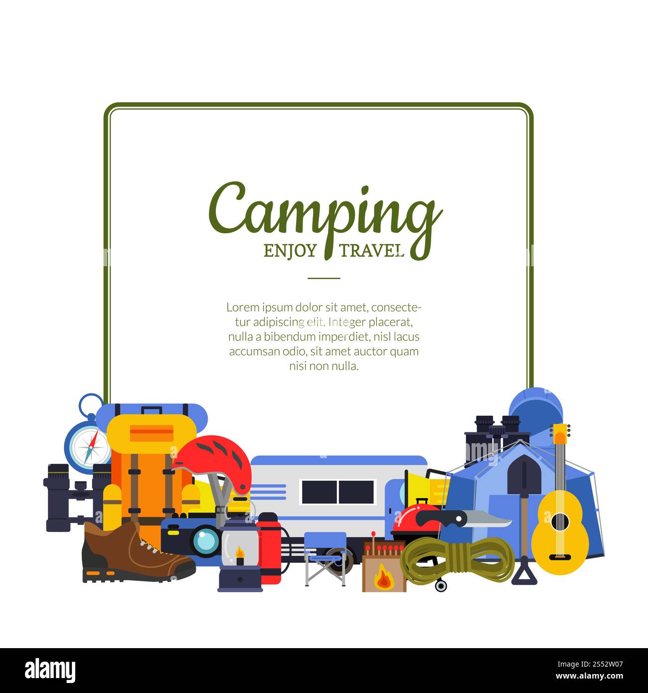 Vector frame with place for text with flat style camping elements below ...