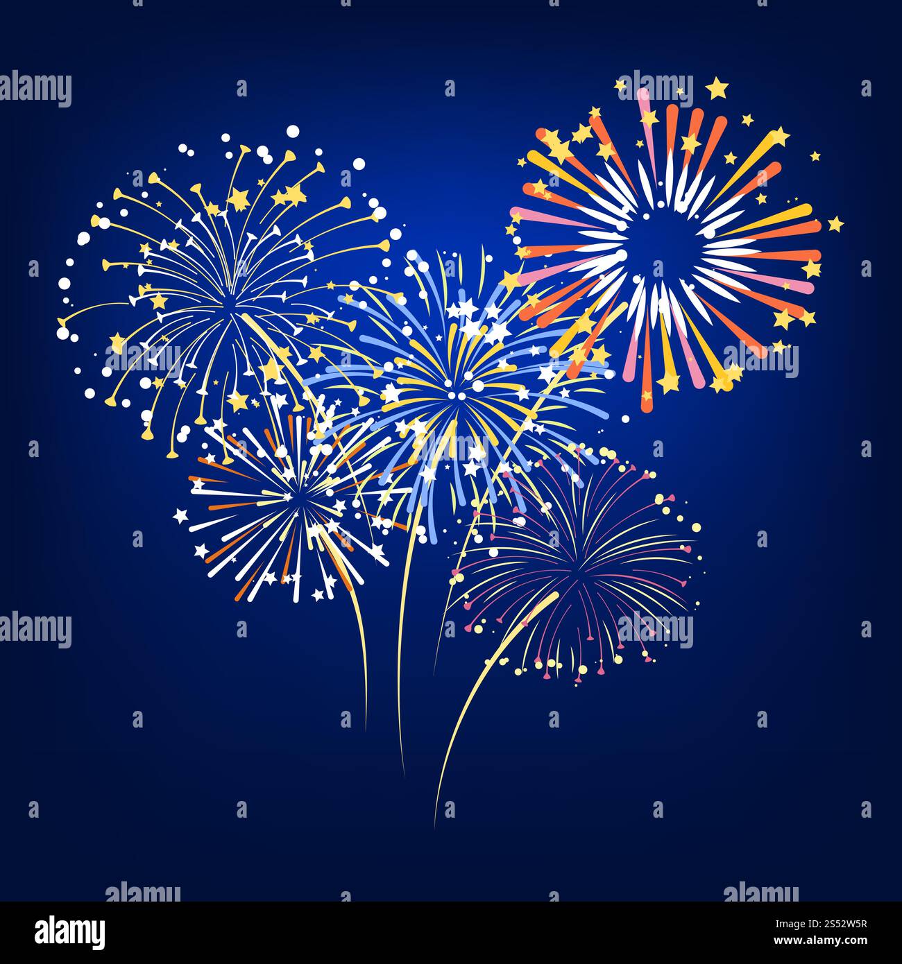 Vector bunch of colorful fireworks exploding on gradient background ilustration. Vector of colorful fireworks exploding Stock Vector