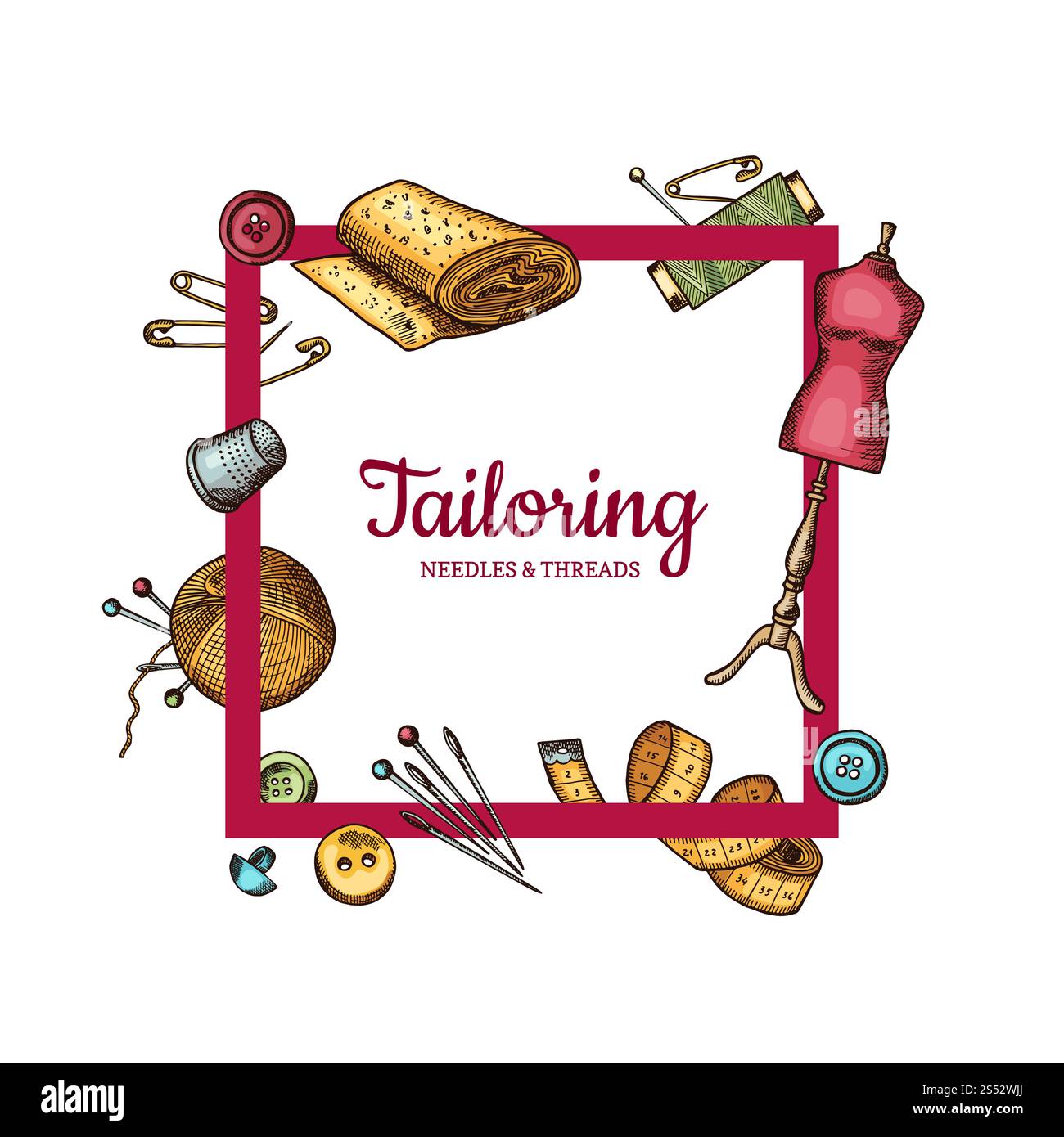 Vector frame with hand drawn sewing elements flying around it with ...