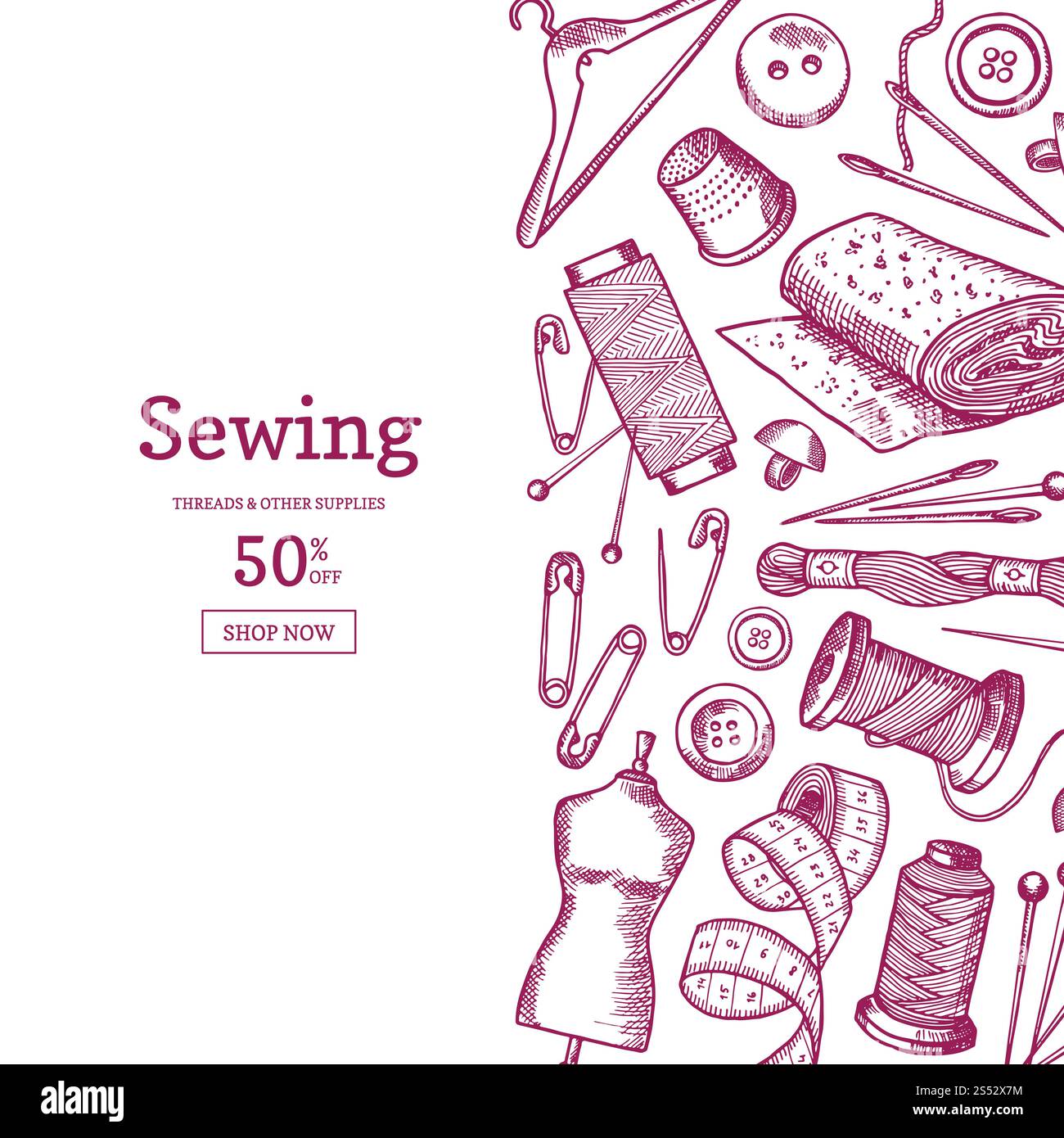 Vector hand drawn sewing elements background illustration with place ...
