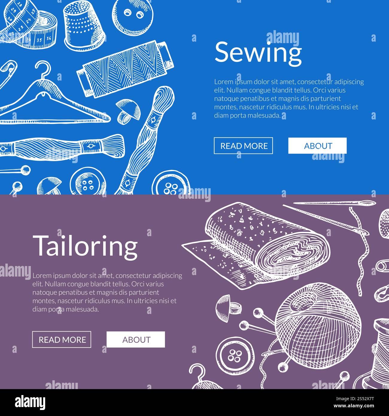 Vector hand drawn sewing elements horizontal web banners illustration. Vector hand drawn sewing elements banners illustration Stock Vector