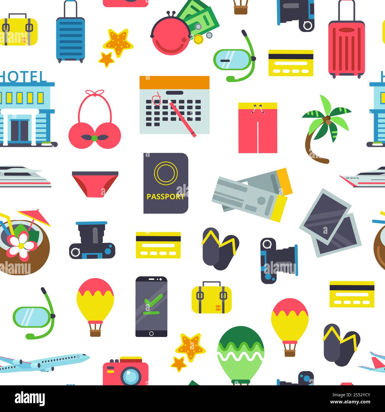 Vector seamless pattern or background illustration with flat travel ...
