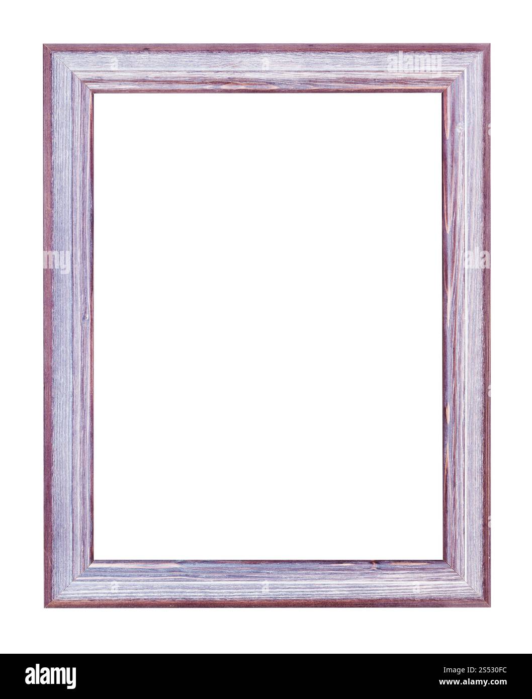 empty purple and silver painted wooden picture frame with cut out canvas isolated on white background Stock Photo