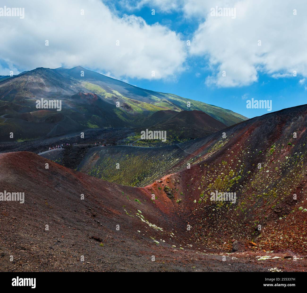 Path between summer Etna volcano mountain craters, Sicily, Italy. People unrecognizable. Stock Photo