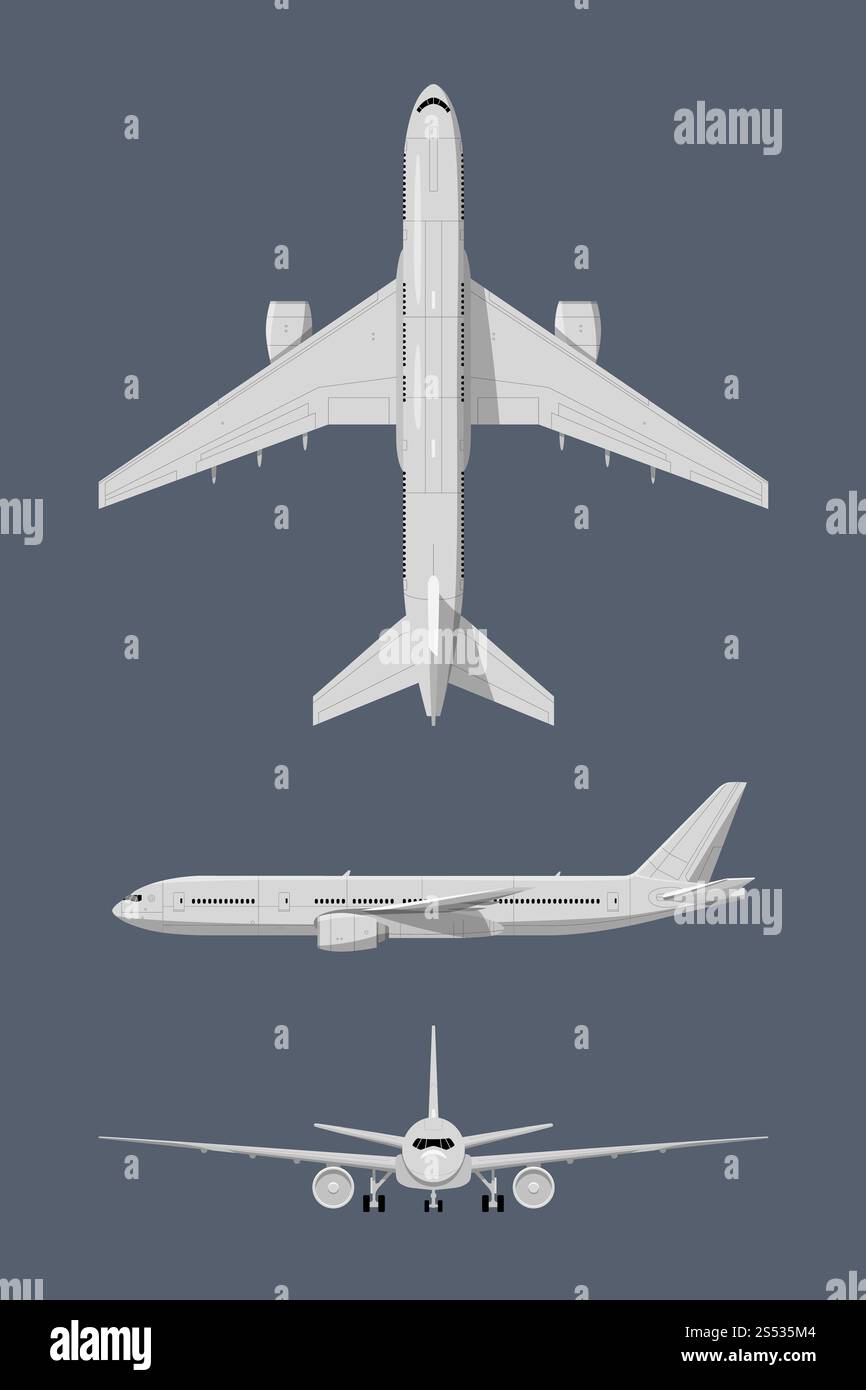 Different sides of modern airplane. Air transport airliner and plane passenger. Vector illustrations isolate. Different sides of modern airplane. Stock Photo