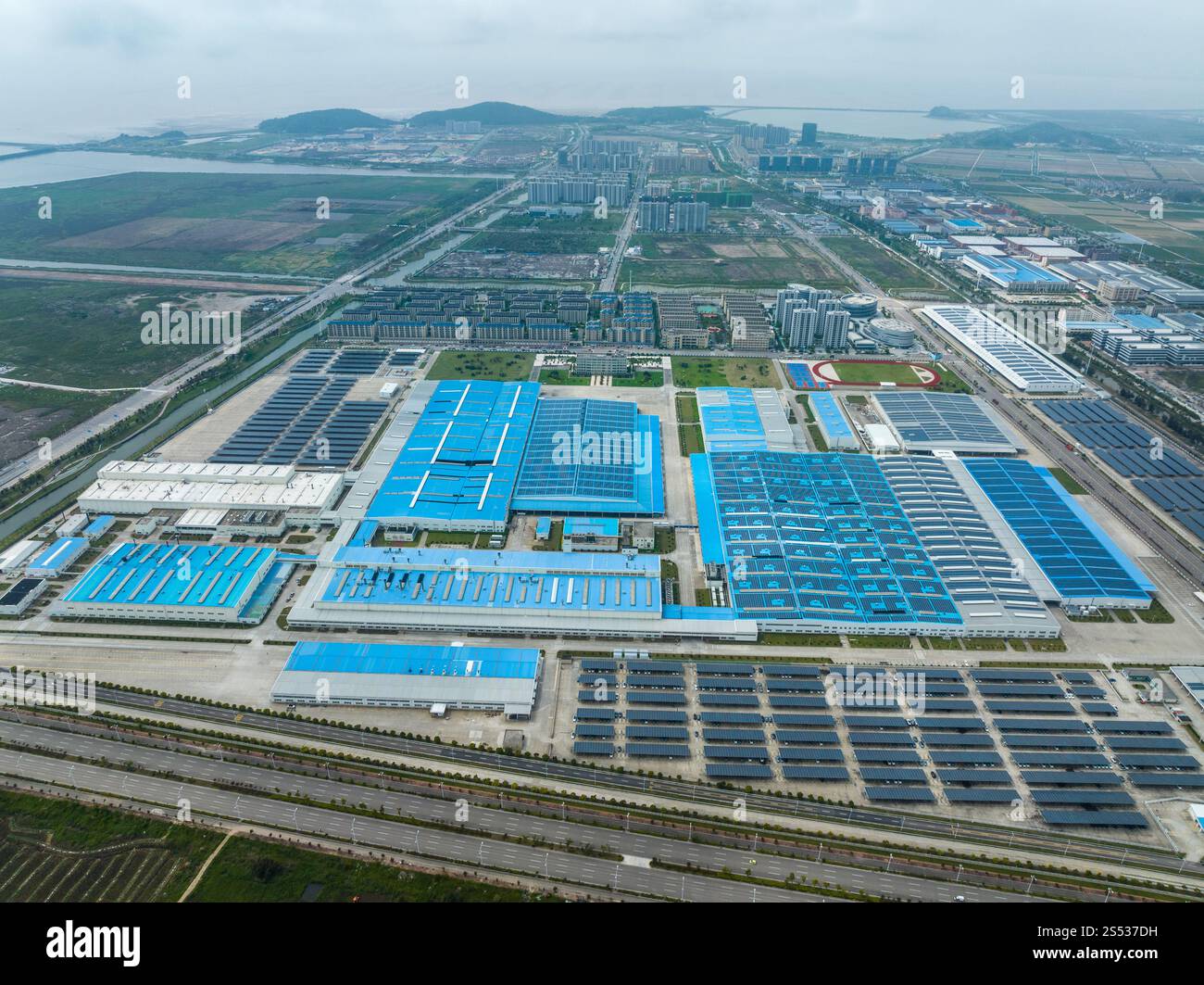 An aerial photo shows the Geely Automobile Linhai manufacturing base in ...
