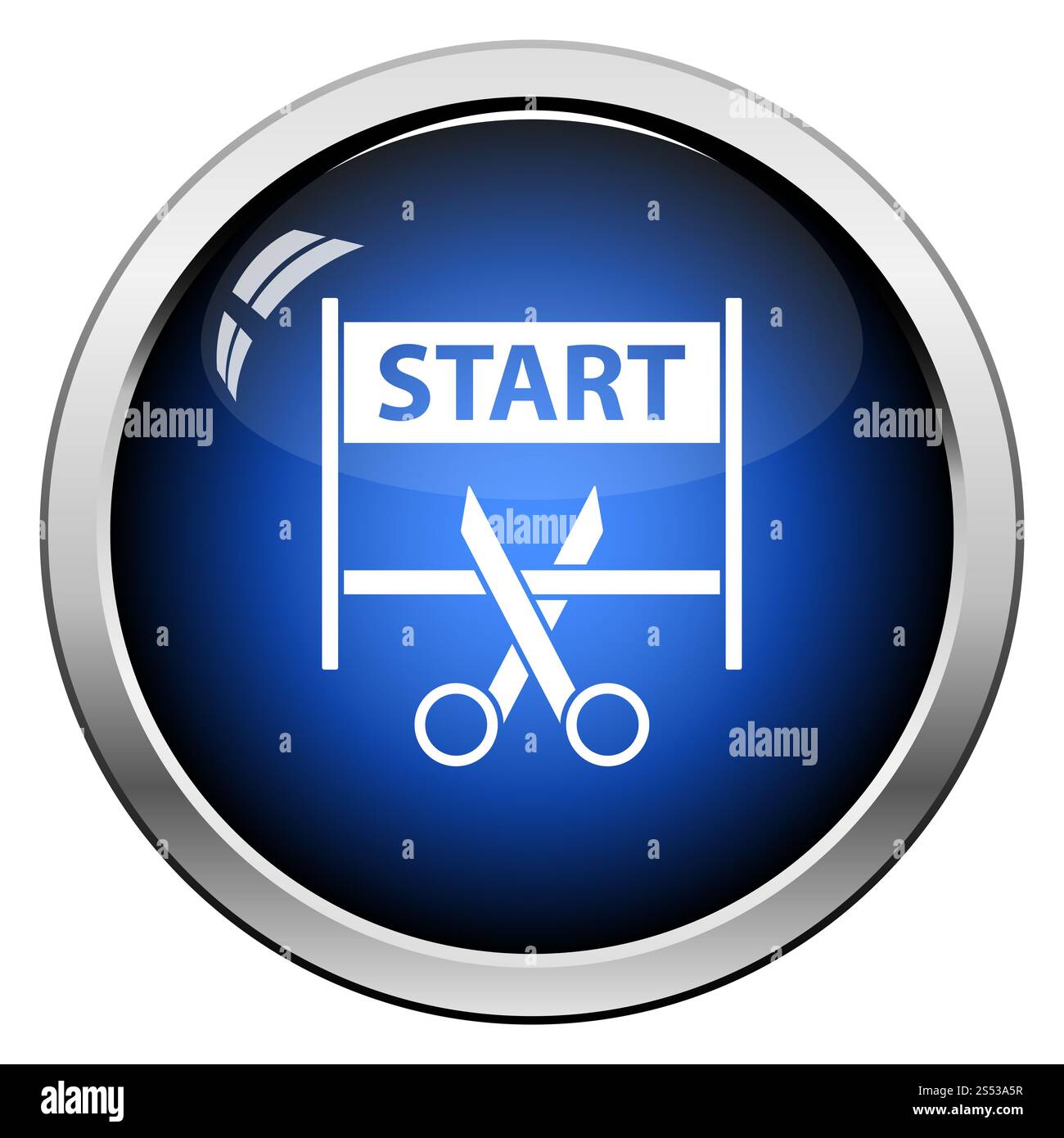 Scissors Cutting Tape Between Start Gate Icon. Glossy Button Design. Vector Illustration. Stock Photo