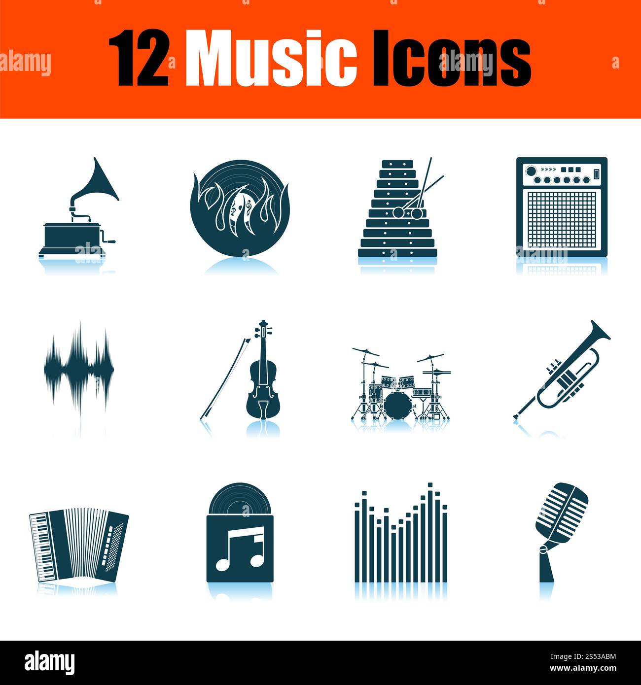 Set of Music Icons. Shadow Reflection Design. Vector Illustration Stock ...