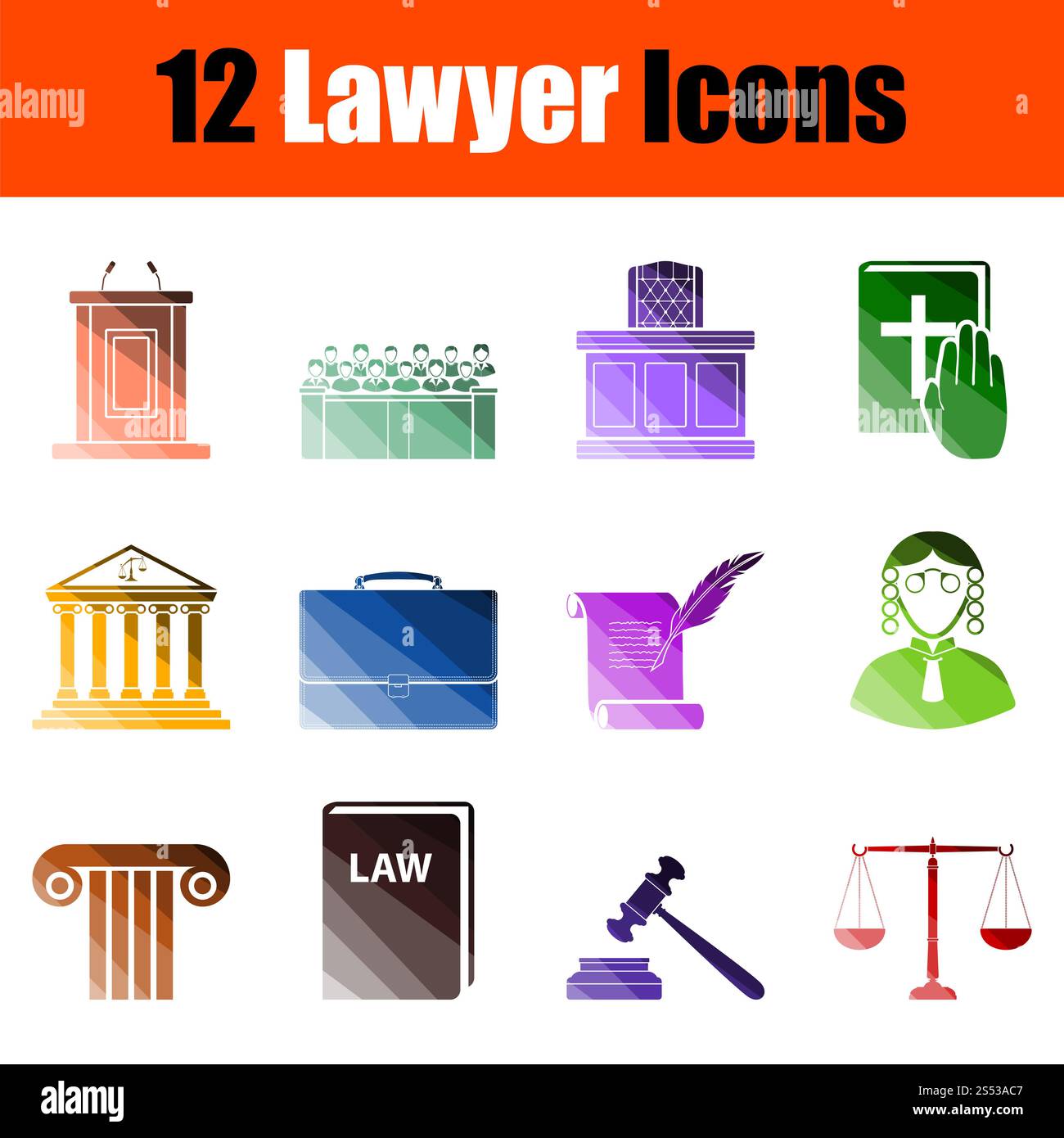 Lawyer Icon Set. Flat Color Ladder Design. Vector Illustration Stock ...