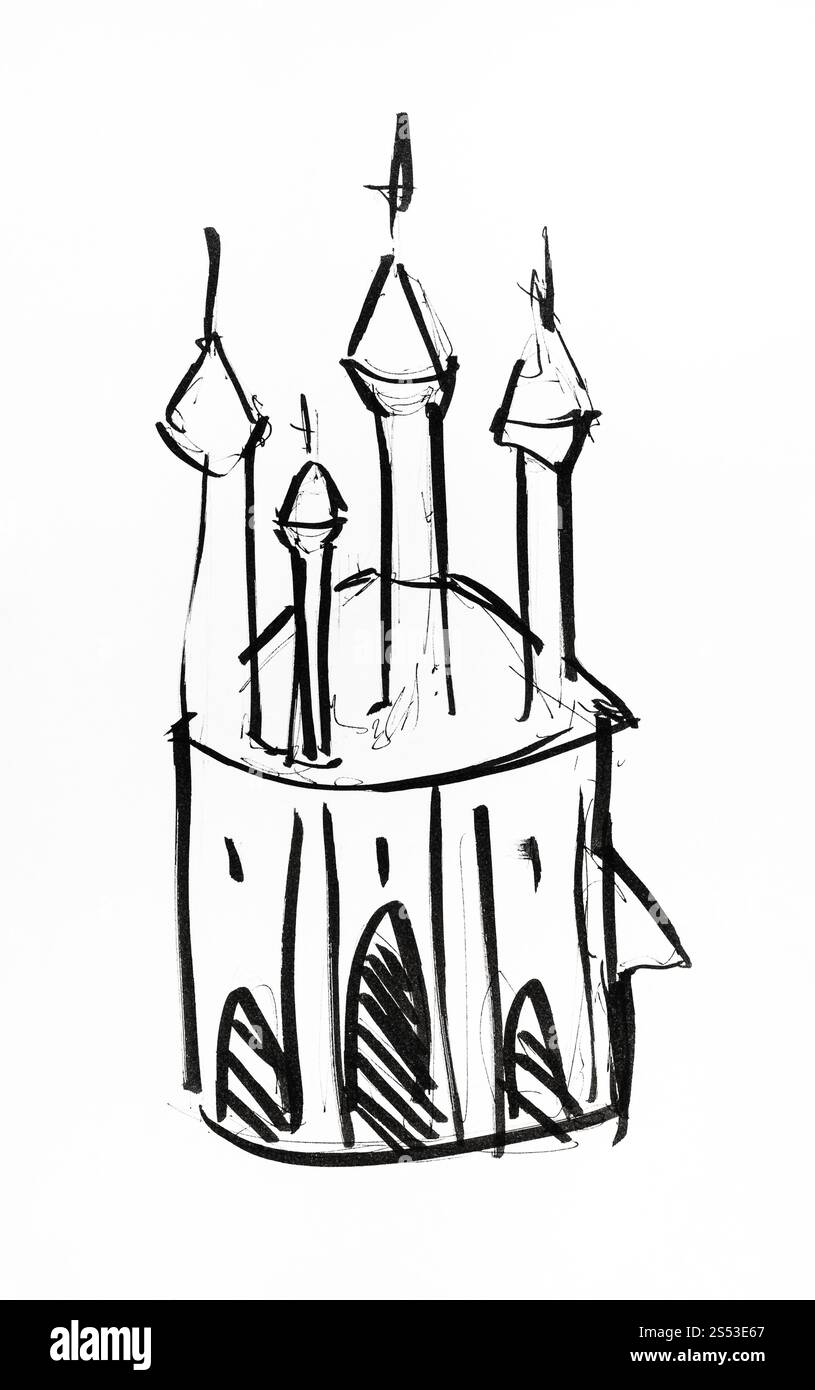 sketch of fancy castle with towers hand-drawn by black ink on white ...