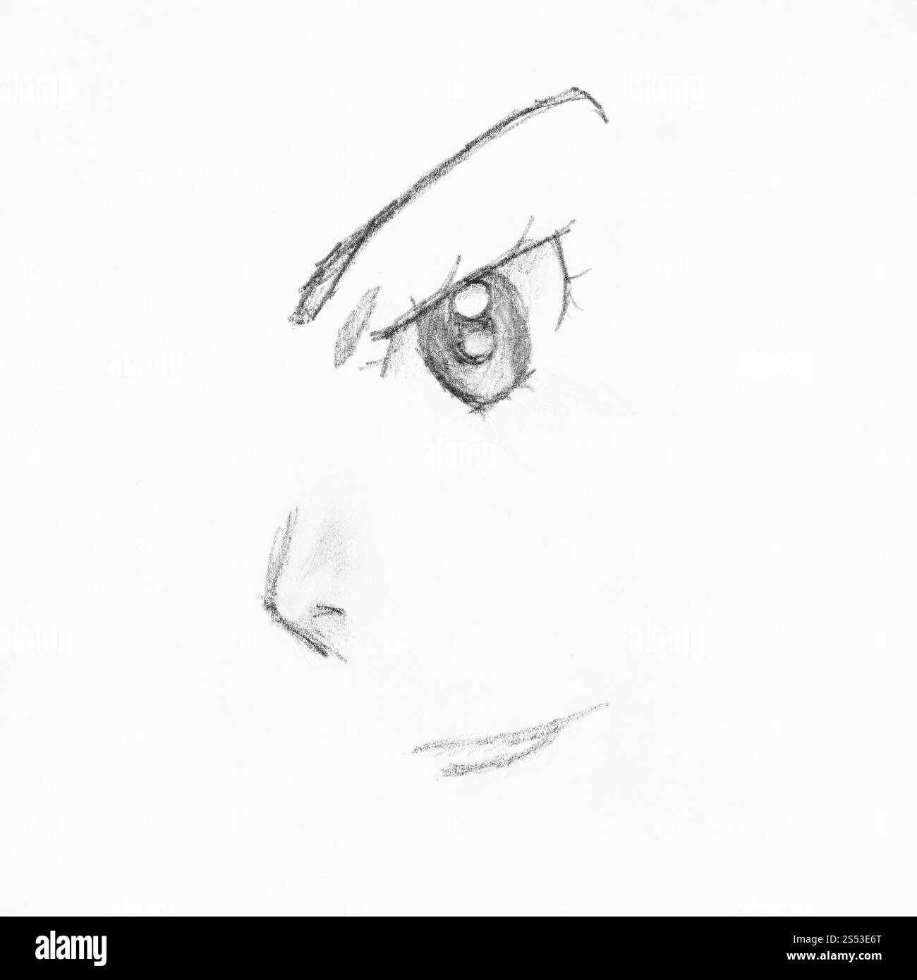 detail of female anime face with eye and nose hand-drawn by black ...