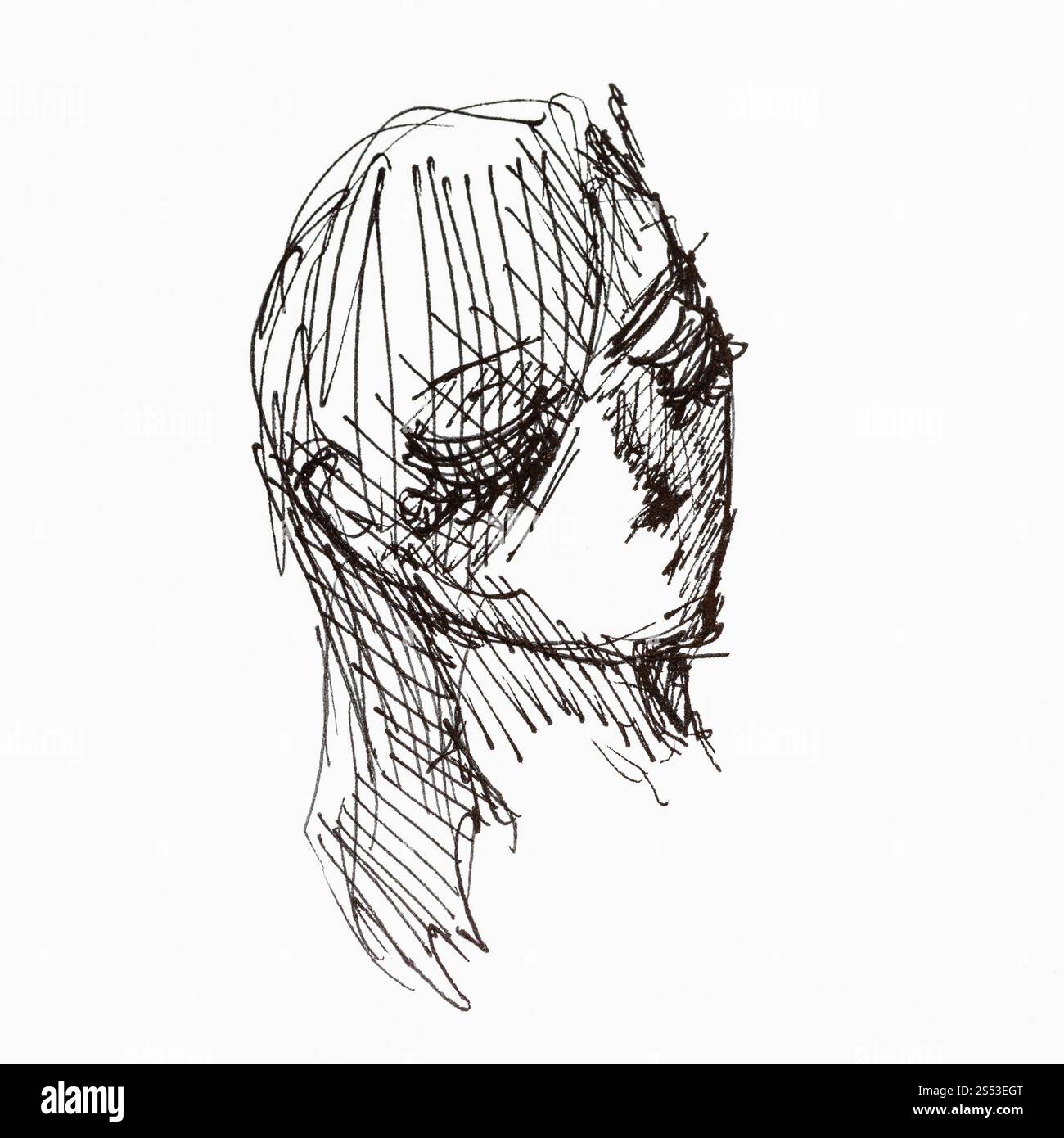 hatched sketch of female head hand-drawn by black inks on white paper ...