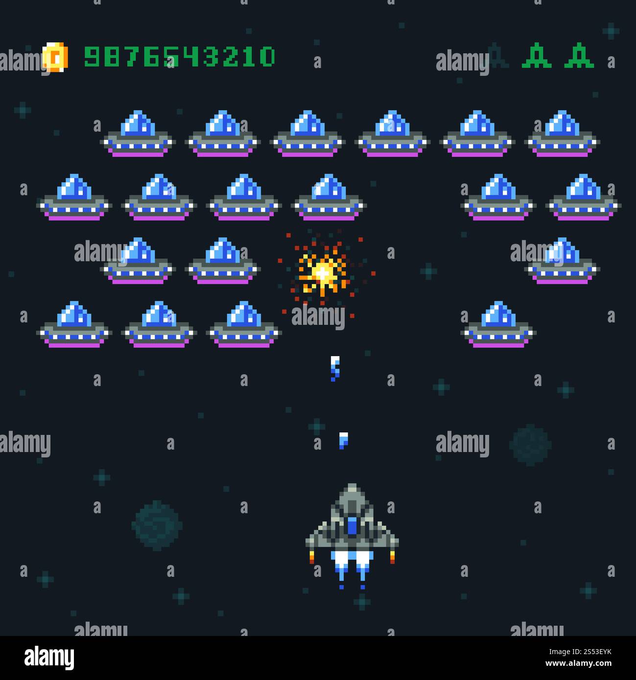 Retro arcade game screen with pixel invaders and spaceship. Space war computer 8 bit old vector graphics. Game video arcade, spaceship and rocket Stock Photo