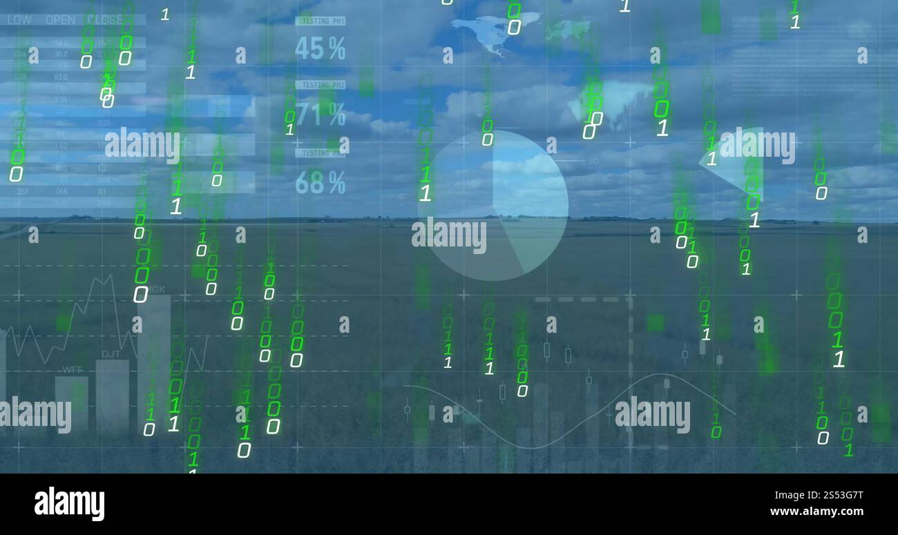 Image of financial data processing and binary coding over landscape Stock Photo