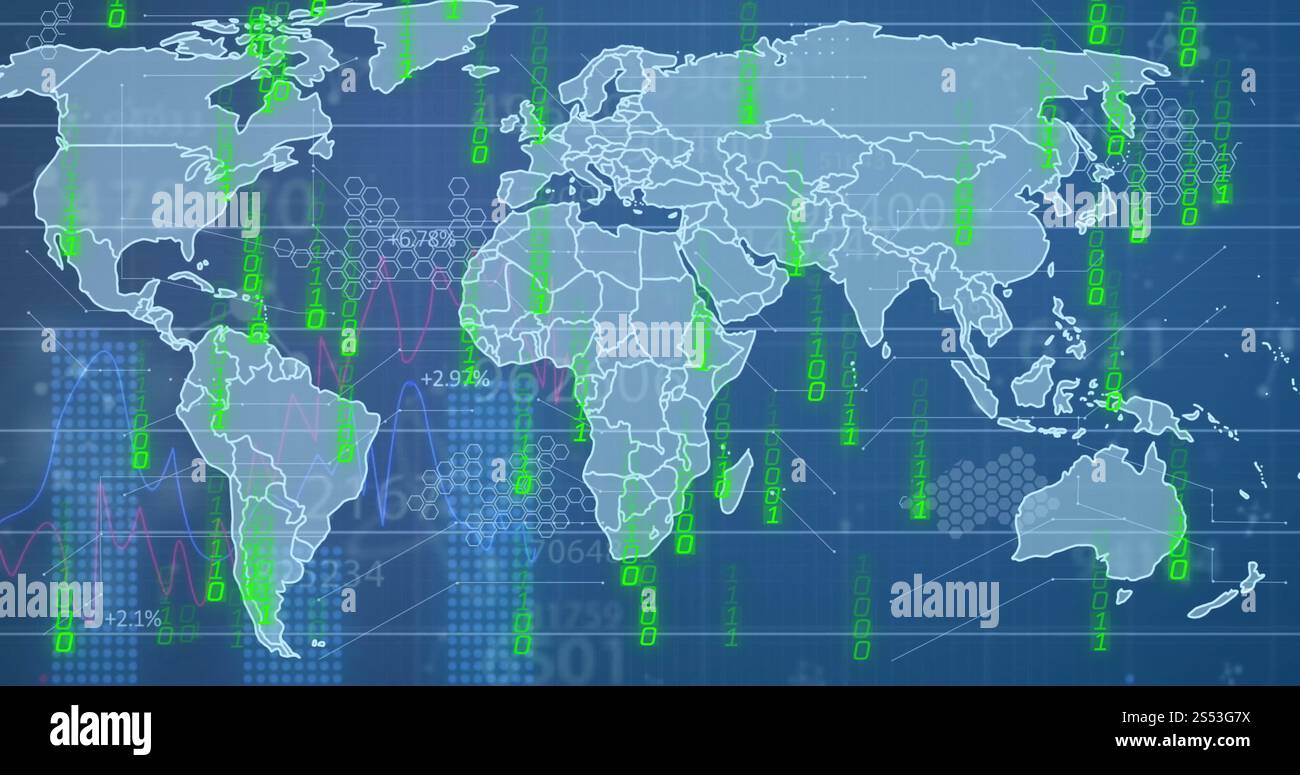 Image of financial data processing with binary coding over world map Stock Photo