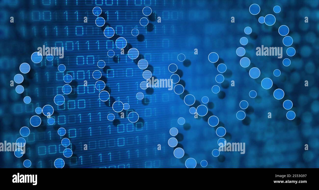 Image of dna strands over binary coding Stock Photo