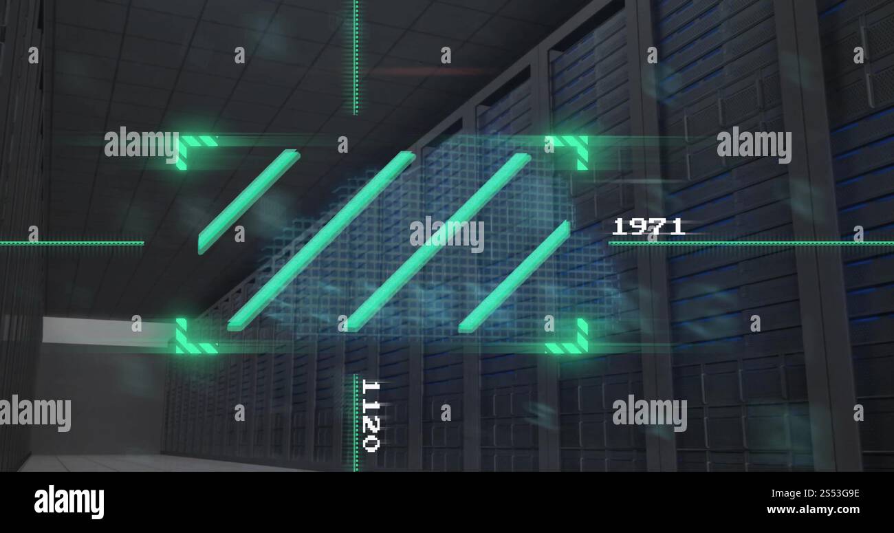 Image of data processing and analysis over server racks in data center Stock Photo