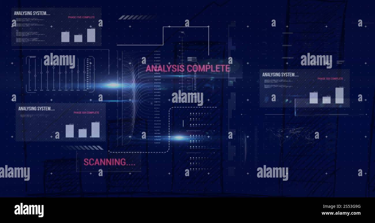 Image of scanning, analysis complete text and charts processing data on ...
