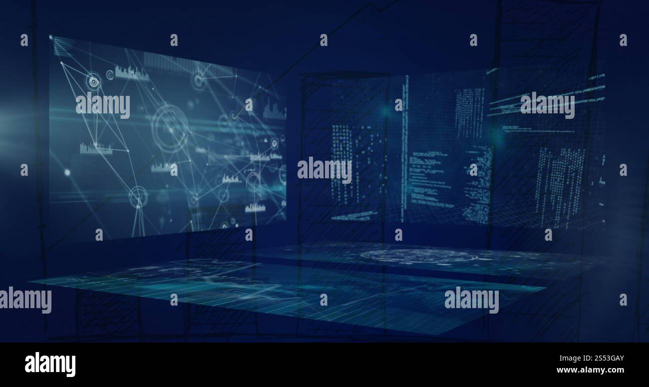 Image of communication network and data processing on interface screens ...