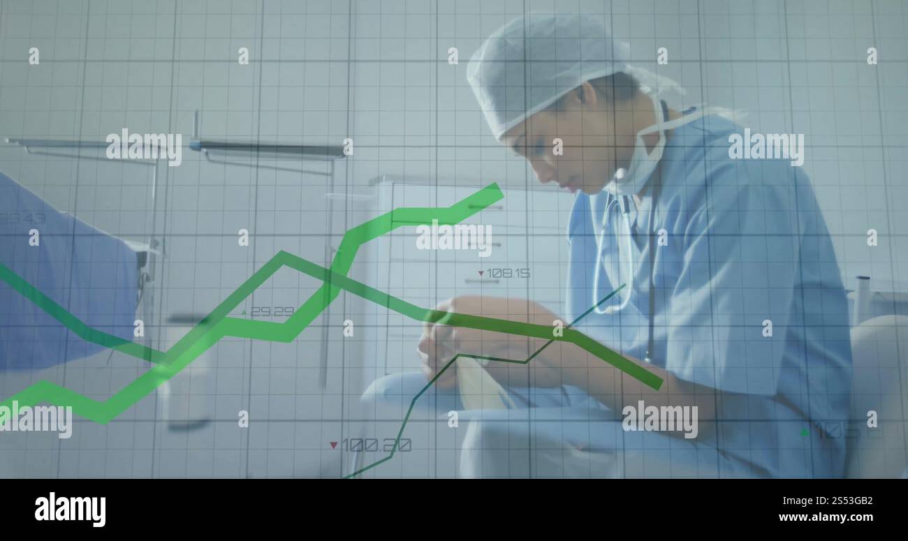 Image of data processing and diagrams over caucasian female doctor despairing Stock Photo